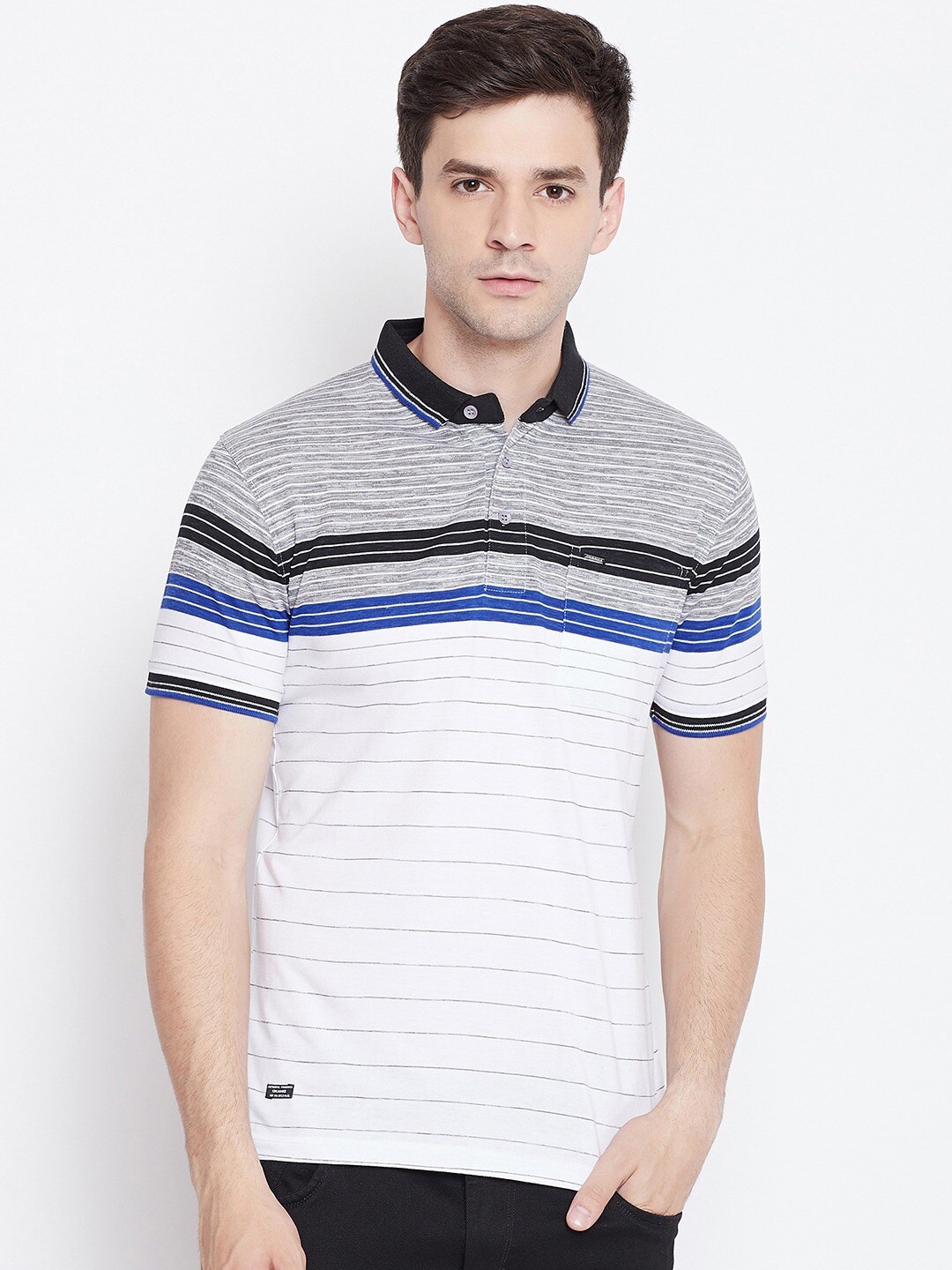 

Okane Men White & Grey Striped Polo Collar Cotton T-shirt
