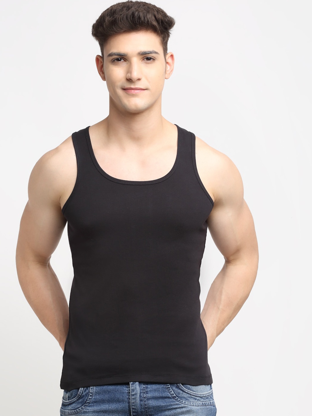 

Friskers Men Black Solid Pure Cotton Tank Innerwear Vest