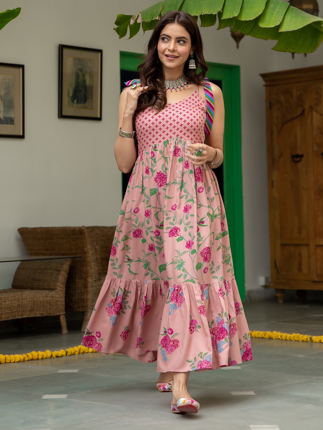 

Rustorange Pink Floral Frill Maxi Dress