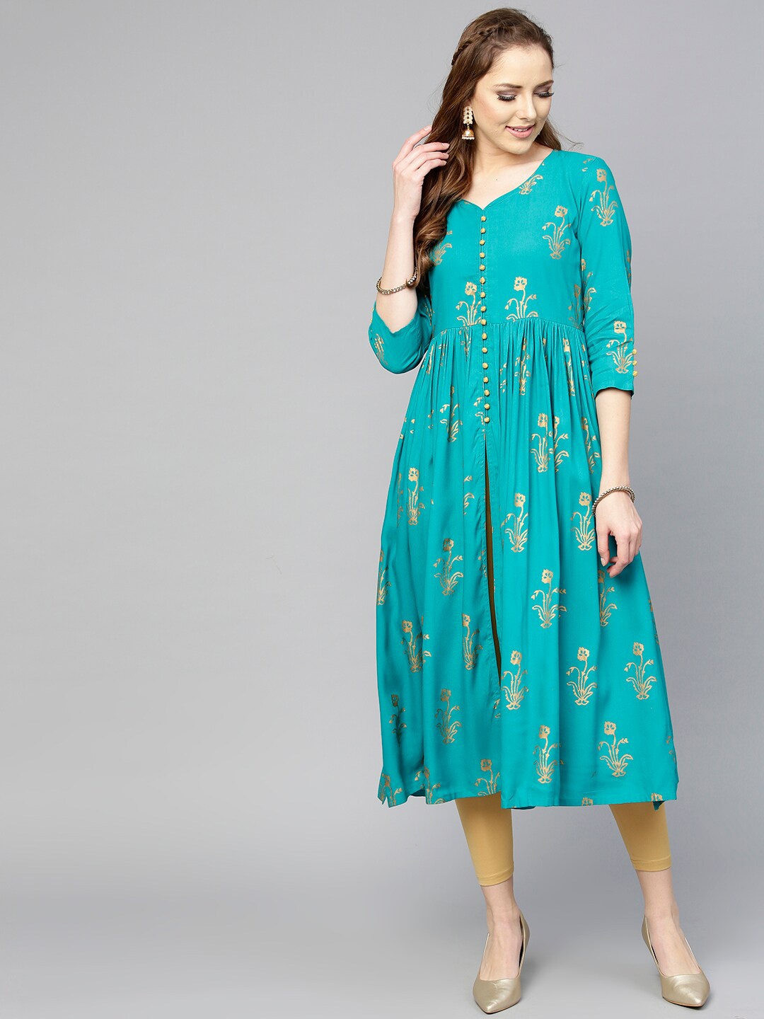 

Varanga Women Teal & Gold-Toned Floral Printed Anarkali Kurta