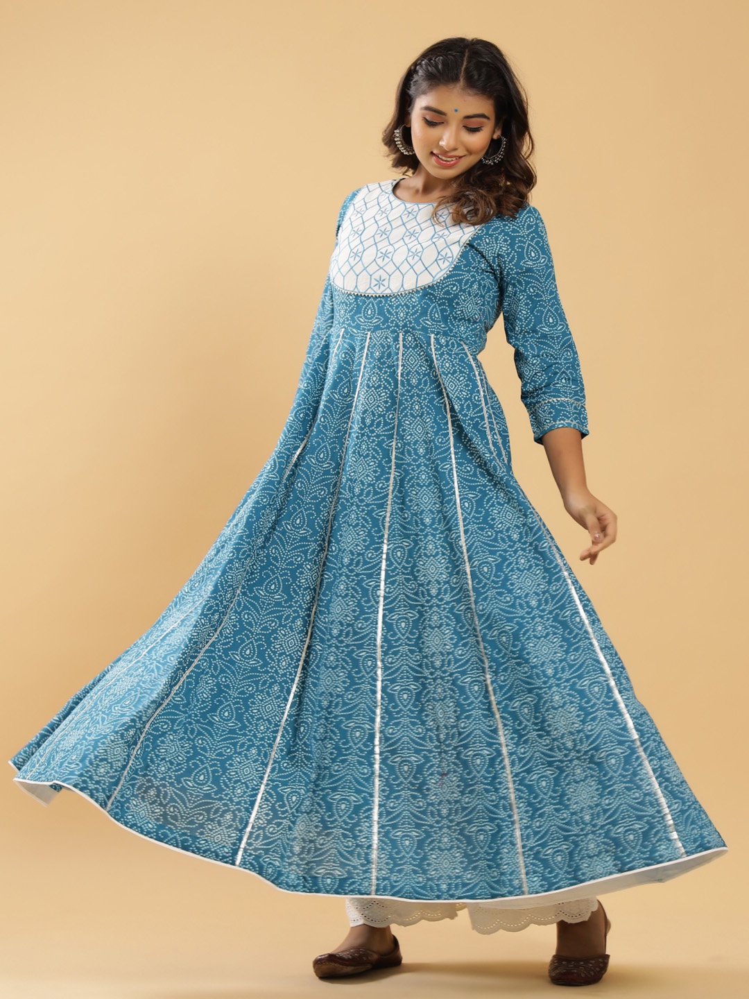 

KALINI Women Turquoise Blue Ethnic Motif Printed Anarkali Cotton Kurta