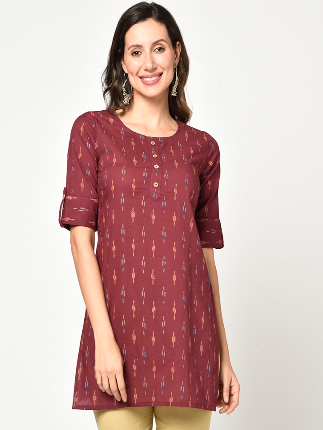 

KALINI Maroon Geometric Ikat Printed Pure Cotton Kurti