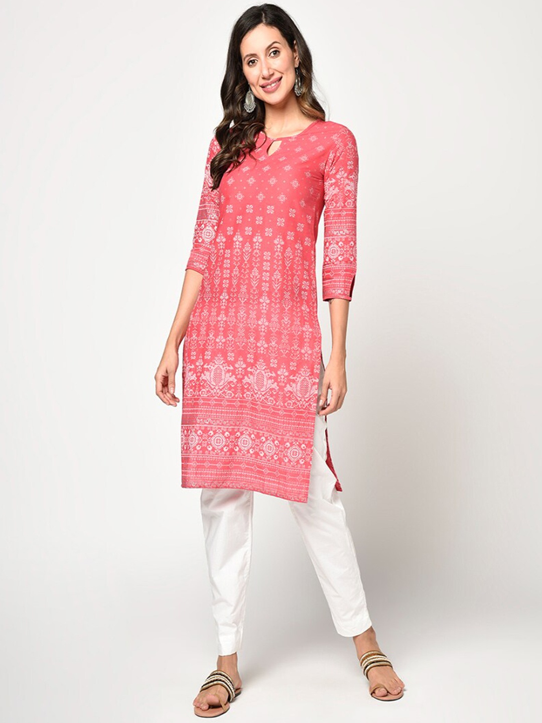 

KALINI Women Pink Geometric Keyhole Neck Kurta