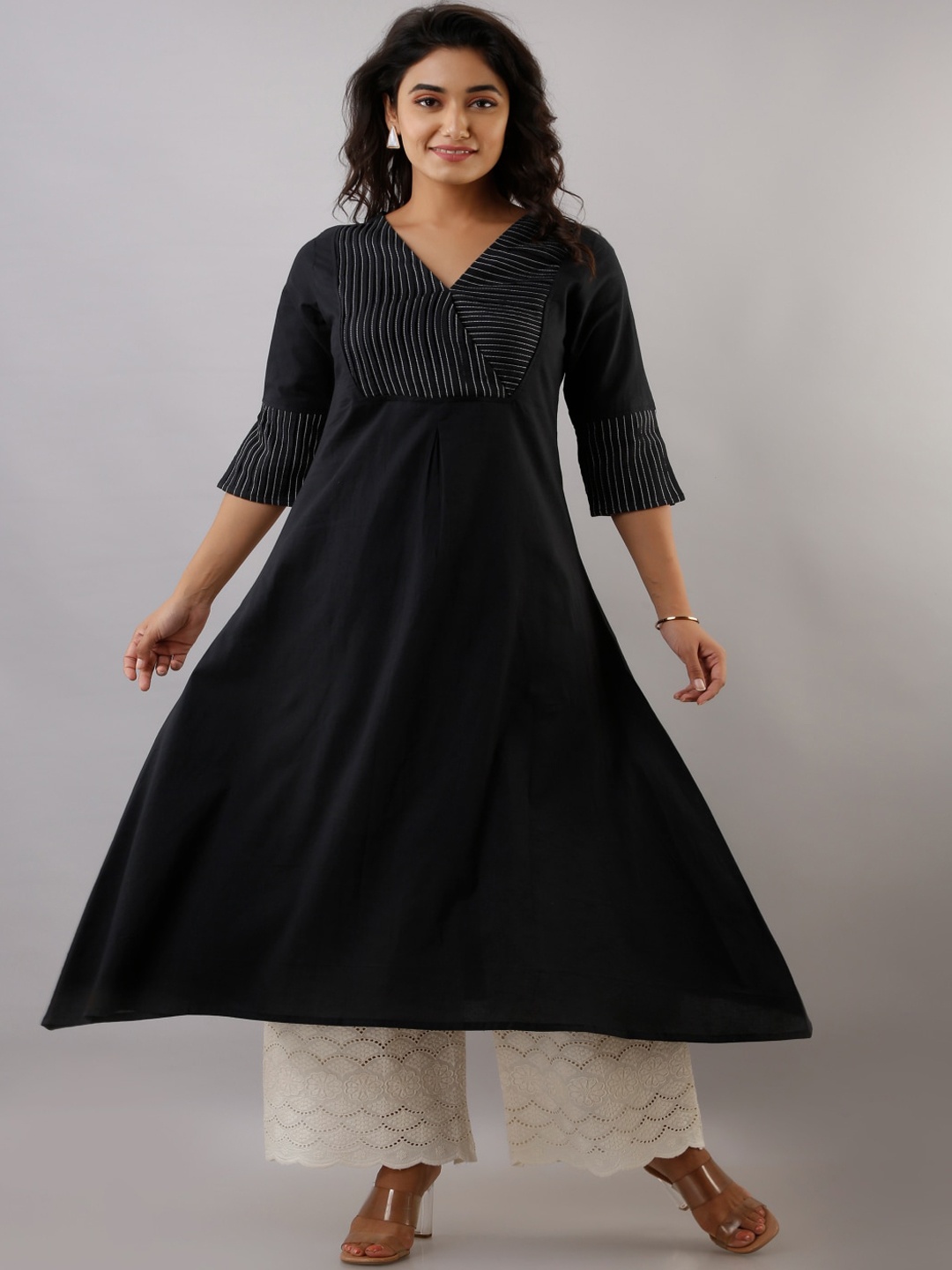 

KALINI Women Black Cotton Pintuck Yoke Anarkali Kurta