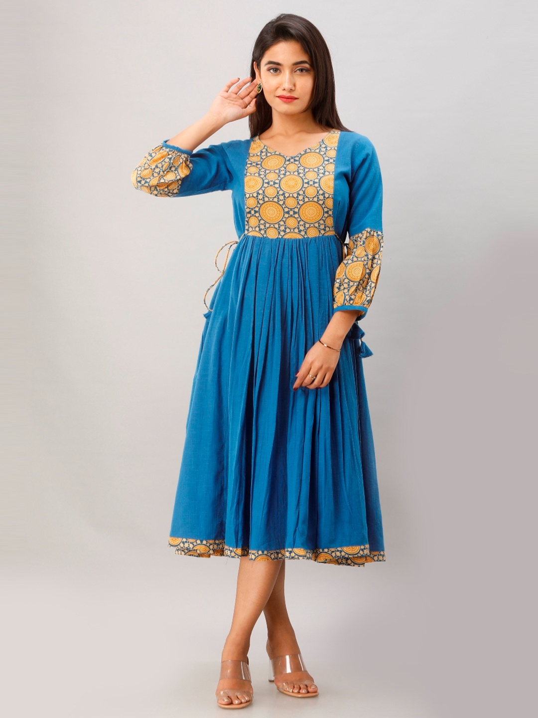 

KALINI Blue & Mustard Yellow Ethnic Motifs Midi Dress