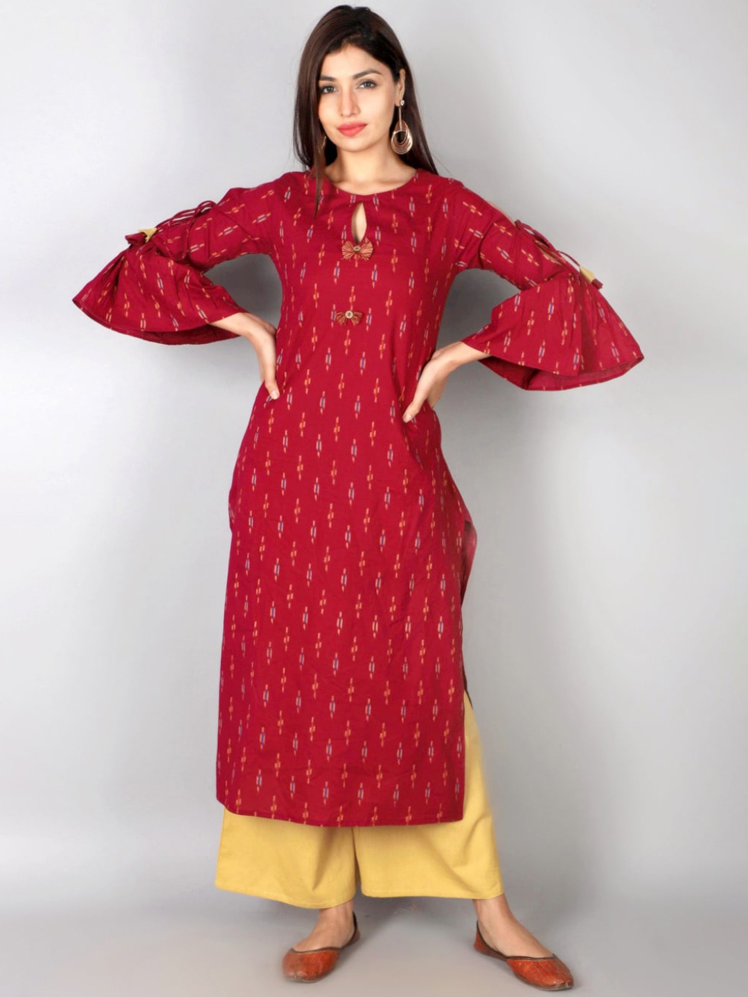 

KALINI Women Maroon & Blue Ethnic Motifs Printed Bell Sleeves Kurta