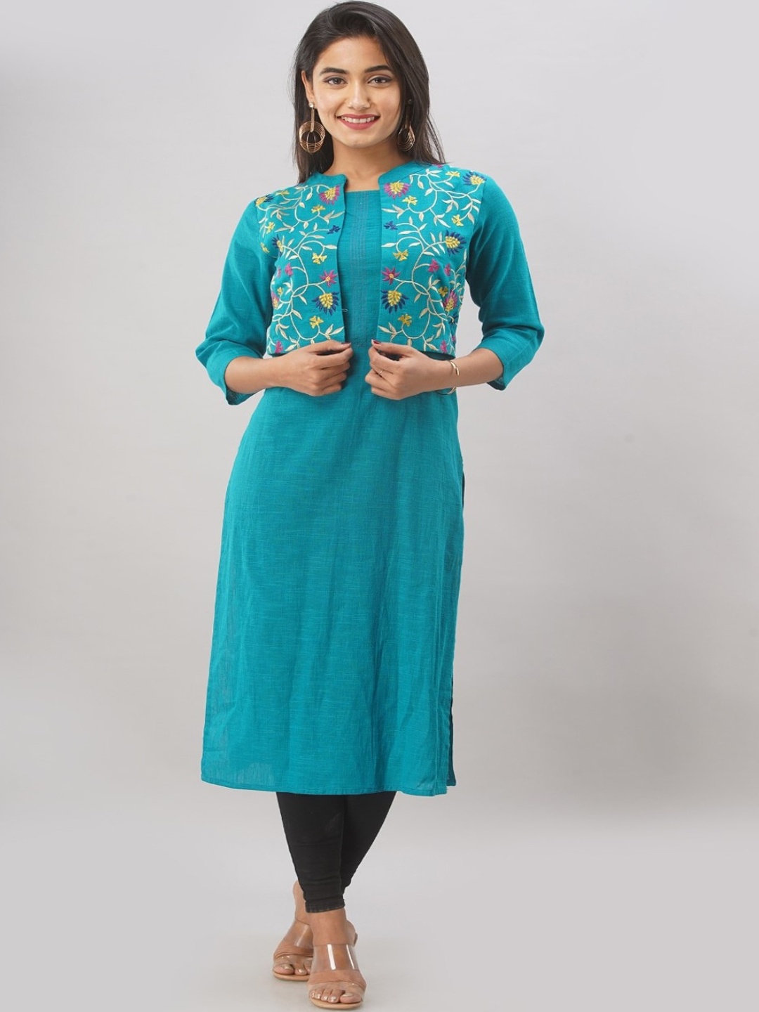 

KALINI Women Turquoise Blue Floral Thread Work Cotton Jacket Style Kurta