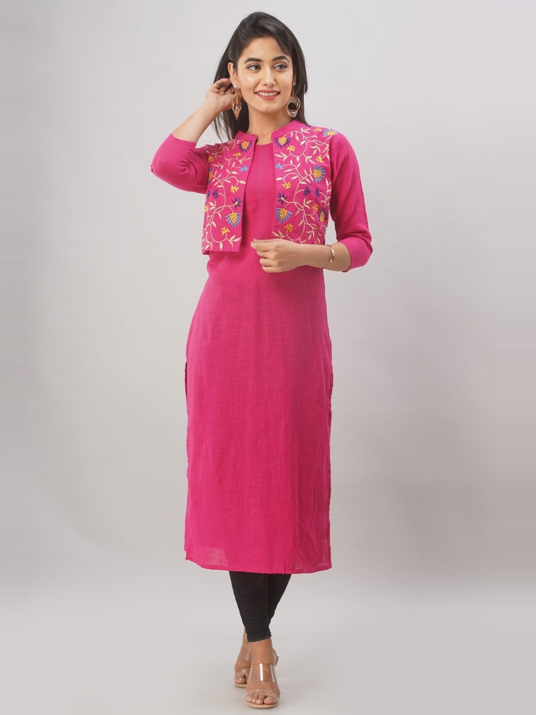 

KALINI Women Pink Cotton Embroidered Thread Work Jacket Style Straight Kurta