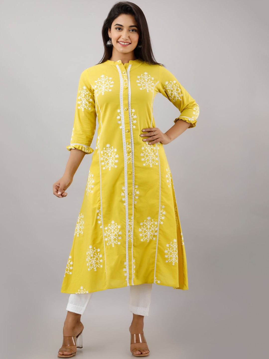 

KALINI Women Yellow & White Floral Printed Kurta