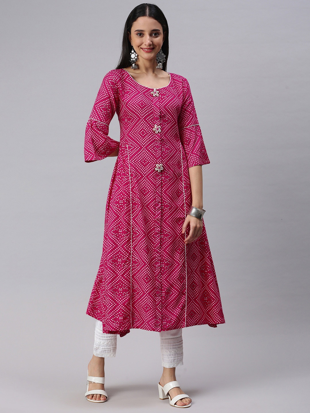 

KALINI Women Pink Bandhej Printed Thread Work Kurta
