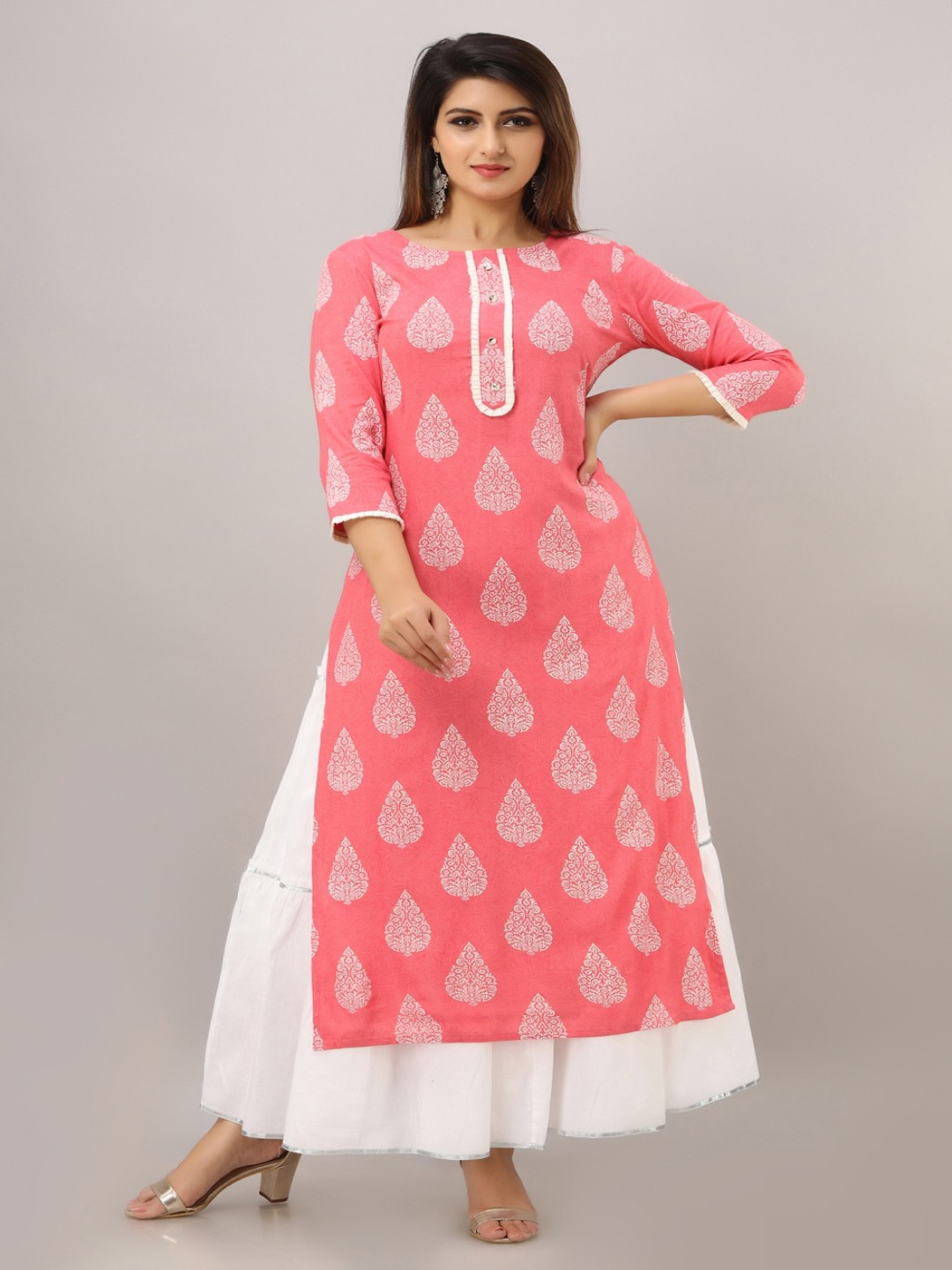 

KALINI Women Coral Orange & White Ethnic Motifs Boota Printed Kurta