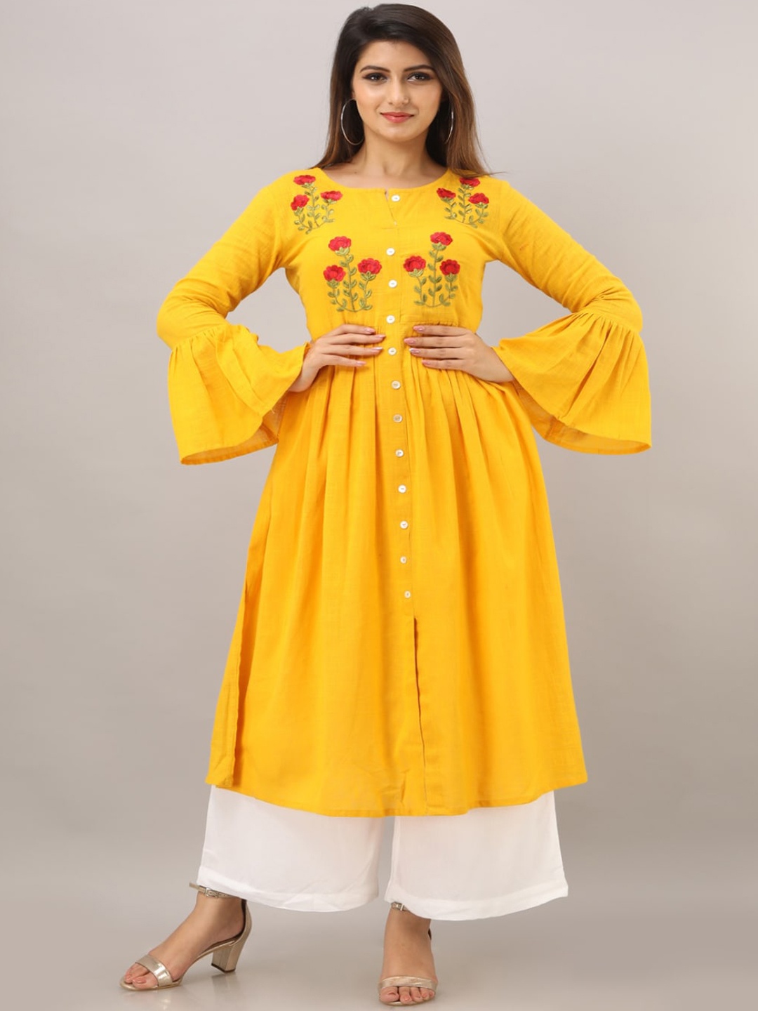 

KALINI Women Yellow Cotton Floral Embroidered Bell Sleeves Thread Work Anarkali Kurta