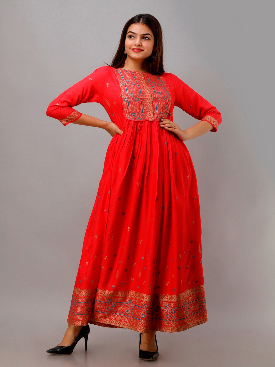 

KALINI Women Orange & Blue Ethnic Motifs Anarkali Kurta