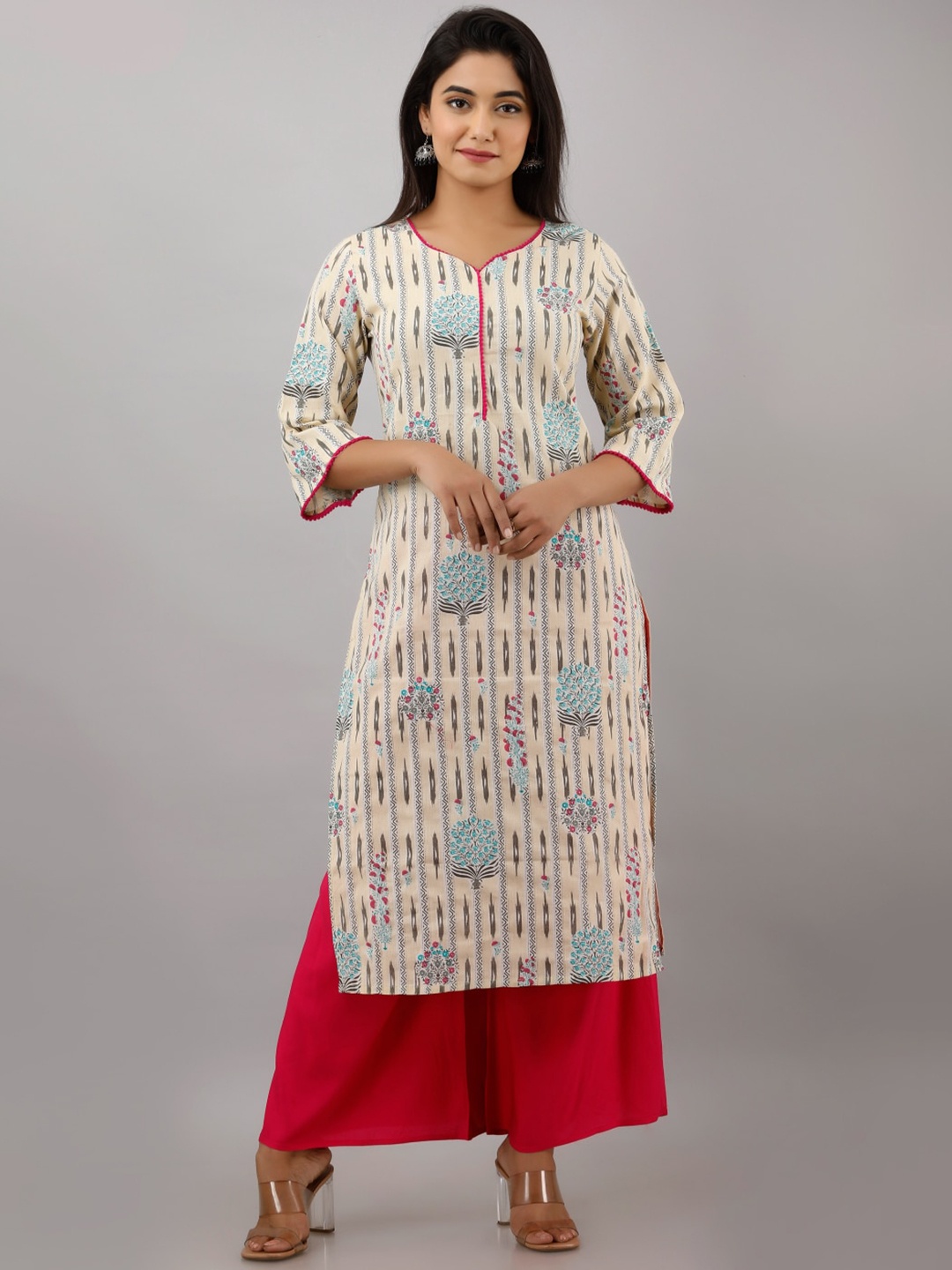 

KALINI Women Beige & Blue Ikat Printed Cotton Straight Kurta