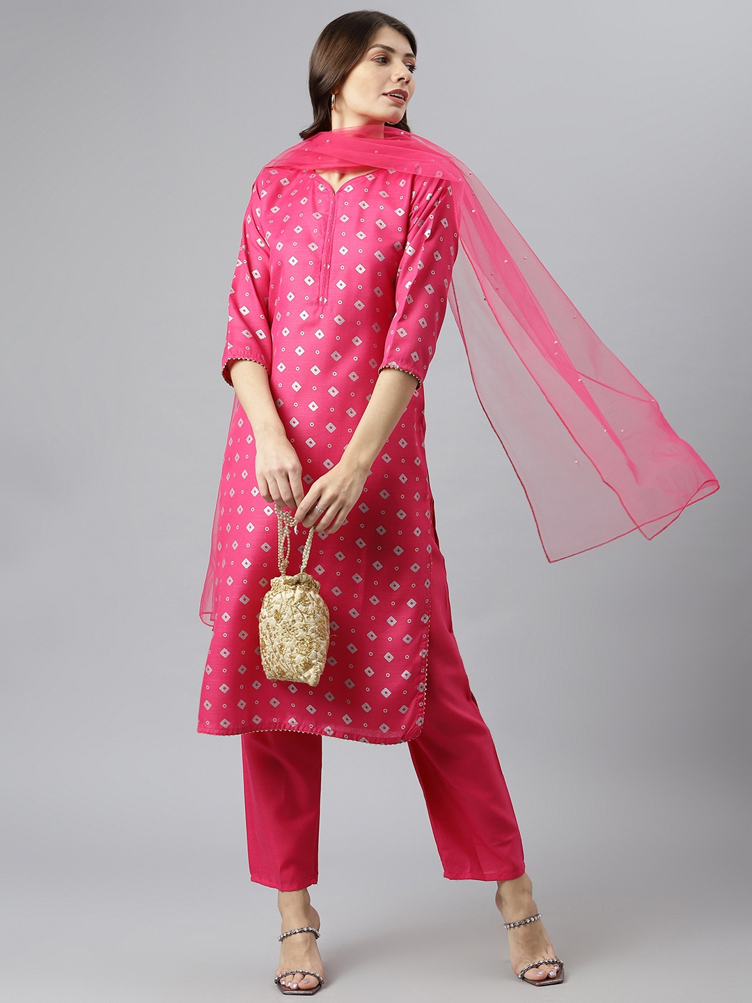 

KALINI Women Pink Printed Kurta with Trousers & With Dupatta
