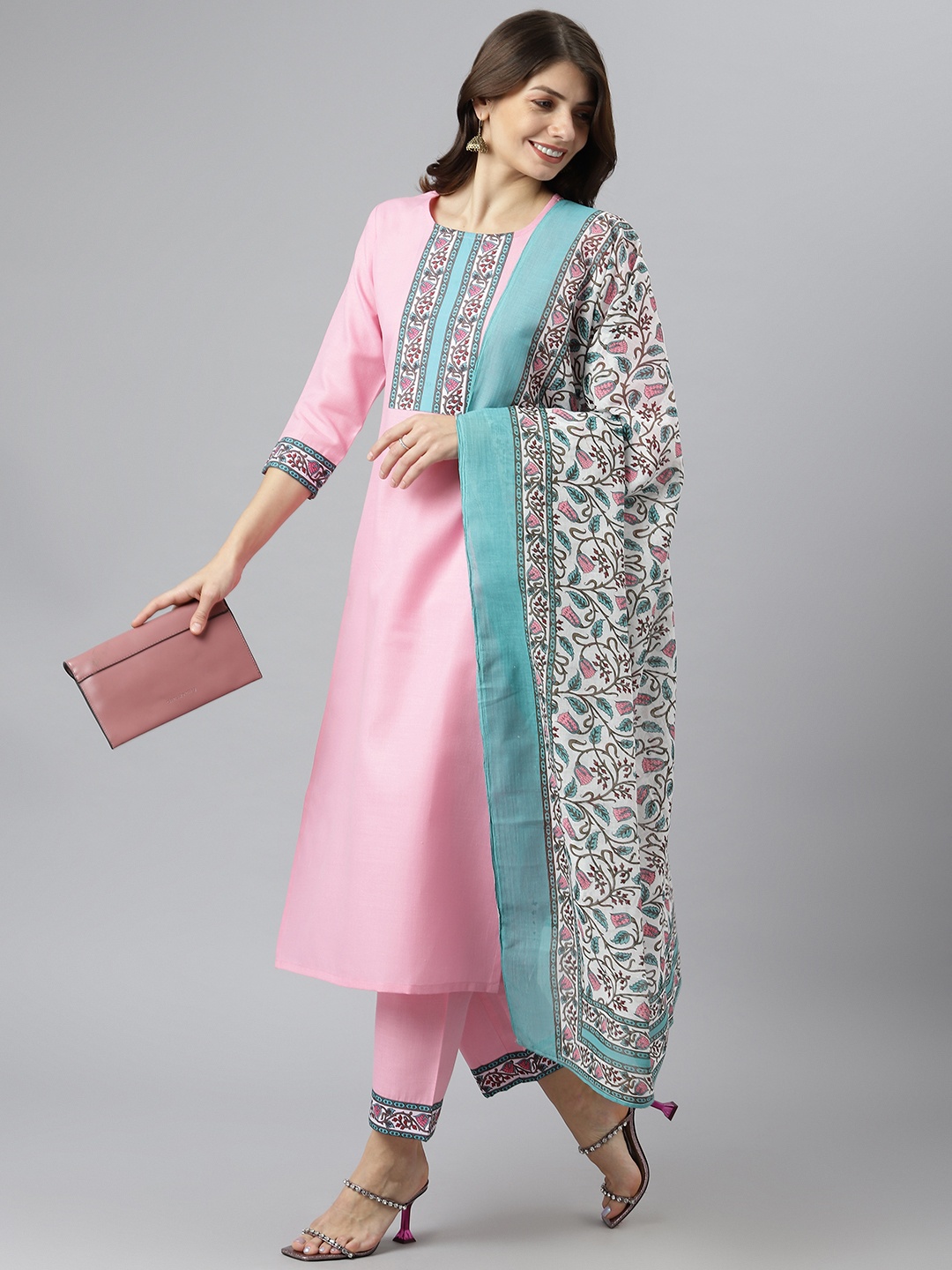 

KALINI Women Pink Yoke Design Kurta with Trousers & With Dupatta