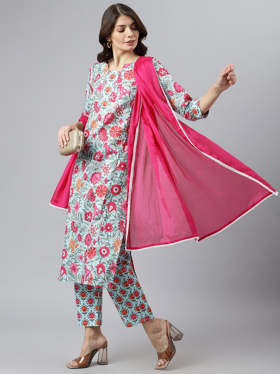 

KALINI Women Green Floral Cotton Printed Kurta with Trousers & With Dupatta