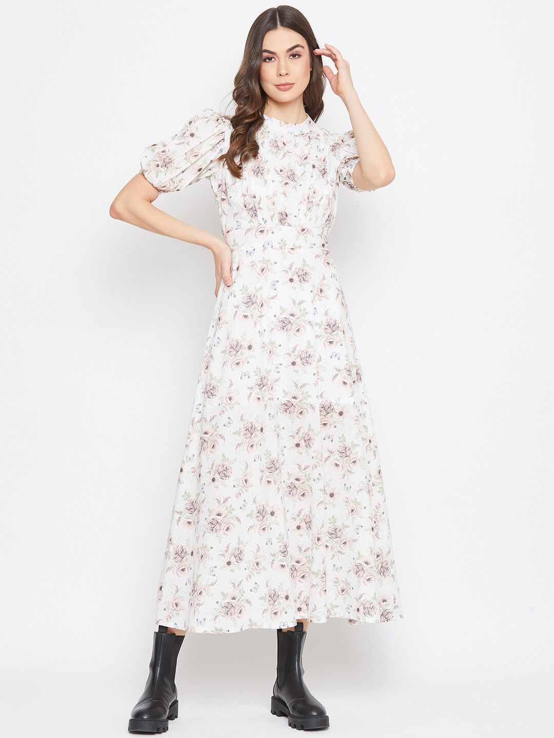 

DELAN White Floral Print Puffed Sleeves Cotton Fit & Flare Dress