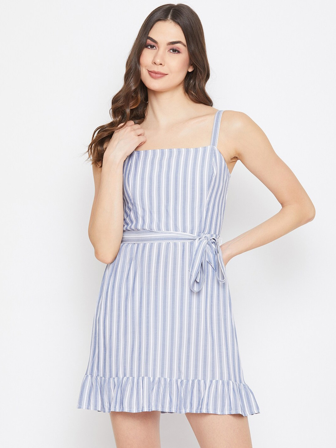 

DELAN Women Blue Striped Cotton A-line Dress
