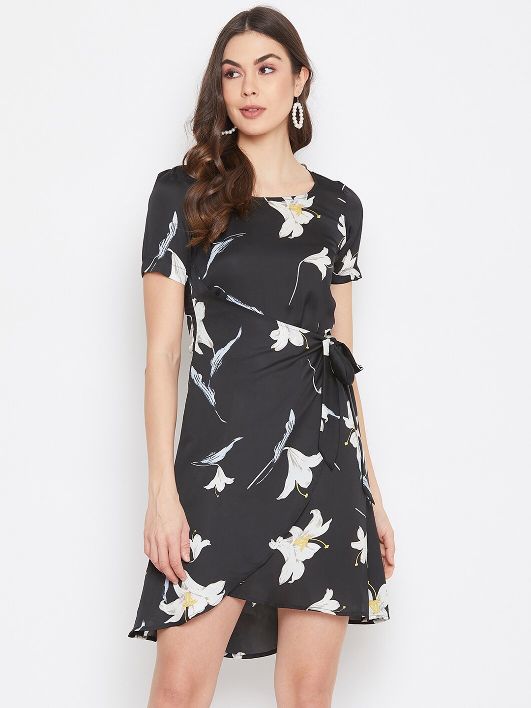 

DELAN Black & White Floral Satin Dress