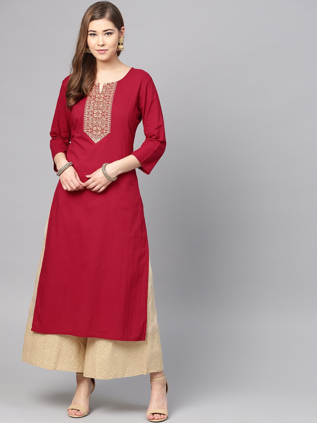 

Varanga Women Maroon Yoke Design Cotton Straight Kurta
