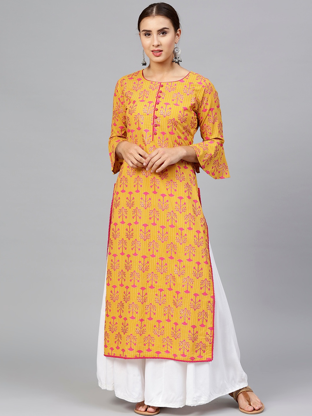 

Varanga Women Mustard Yellow & Pink Ethnic Motifs Screen Printed Cotton Straight Kurta