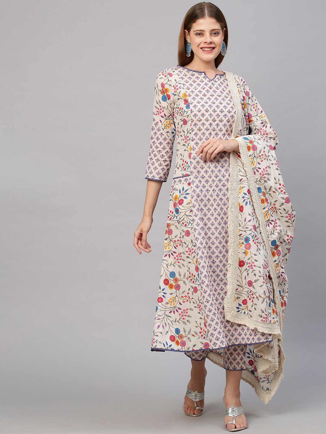 

FASHOR Women Grey Floral Printed Angrakha Sequinned Pure Cotton Top with Skirt & With Dupatta