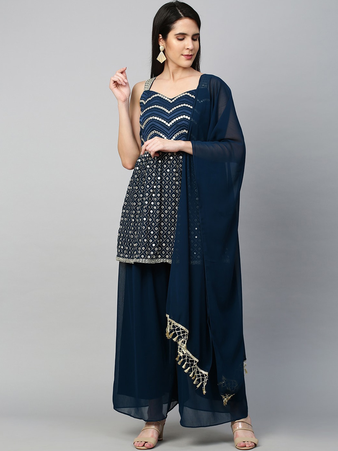

FASHOR Women Teal Embroidered High Slit Kurti with Sharara & With Dupatta