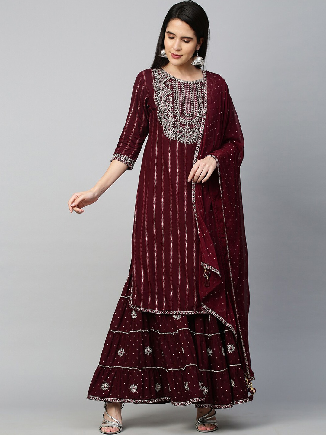 

FASHOR Women Maroon Embroidered High Slit Kurti with Skirt