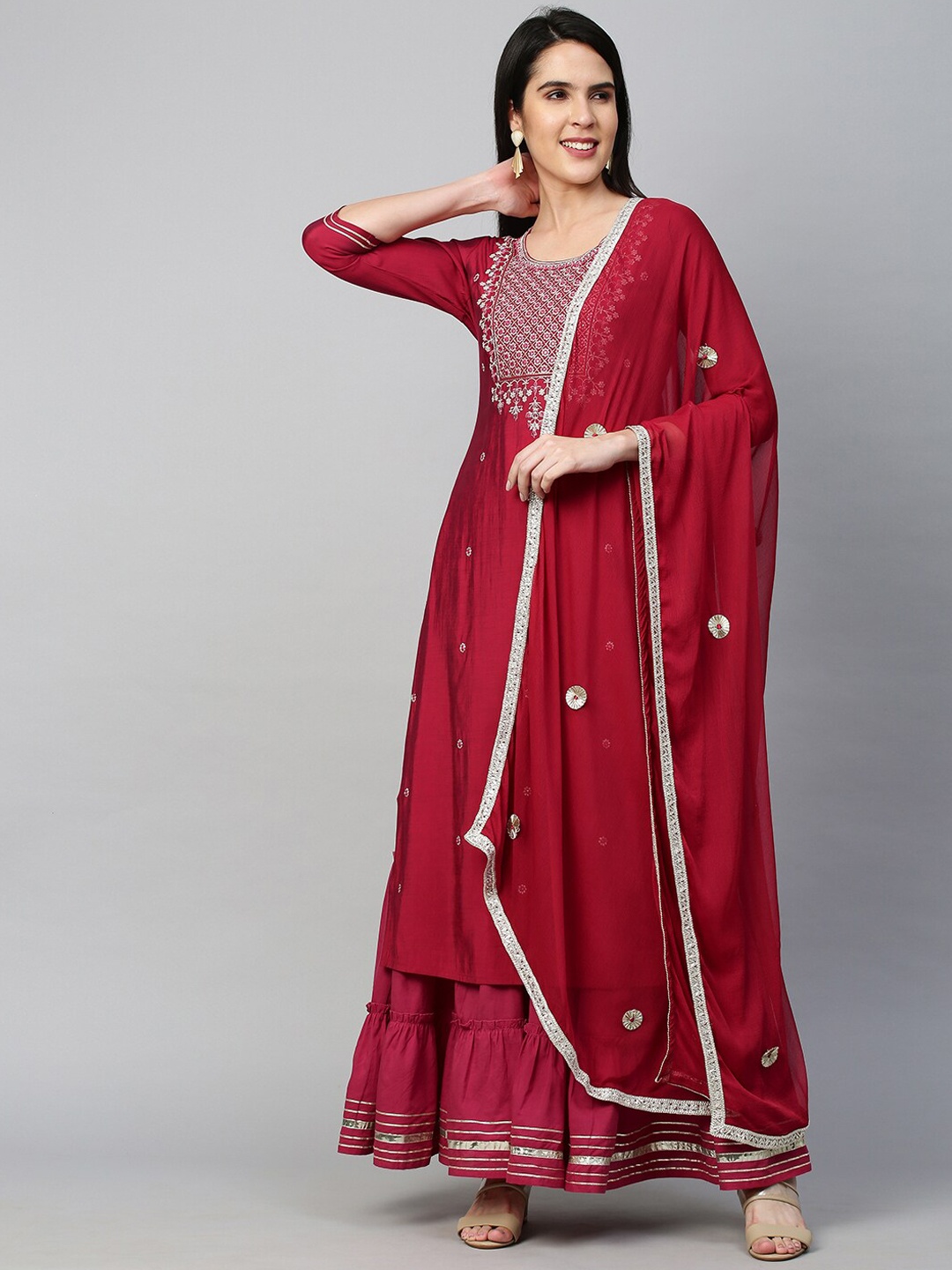 

FASHOR Women Pink Embroidered Kurti with Trousers