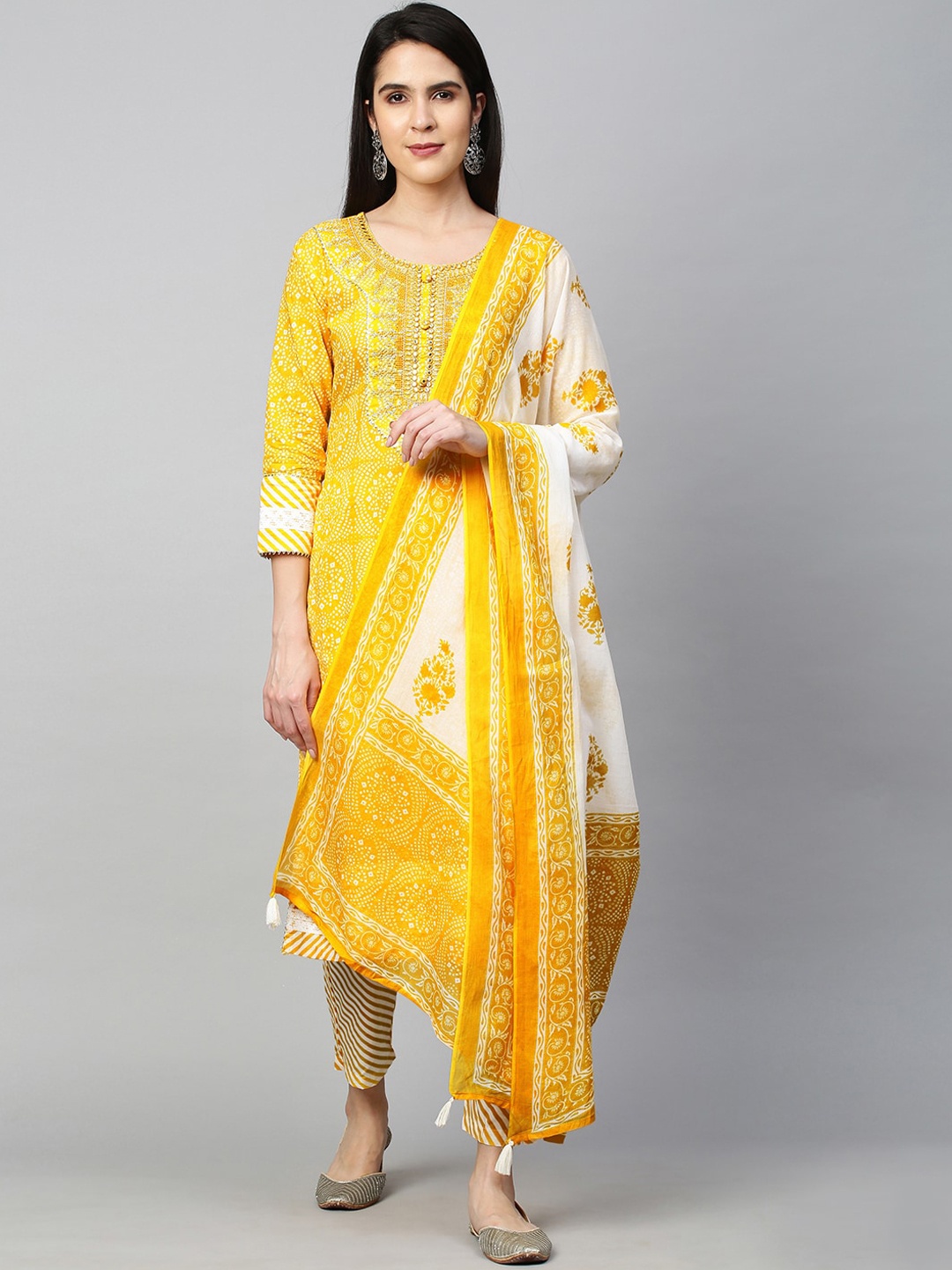 

FASHOR Women Yellow Striped Empire Pure Cotton Kurti with Skirt