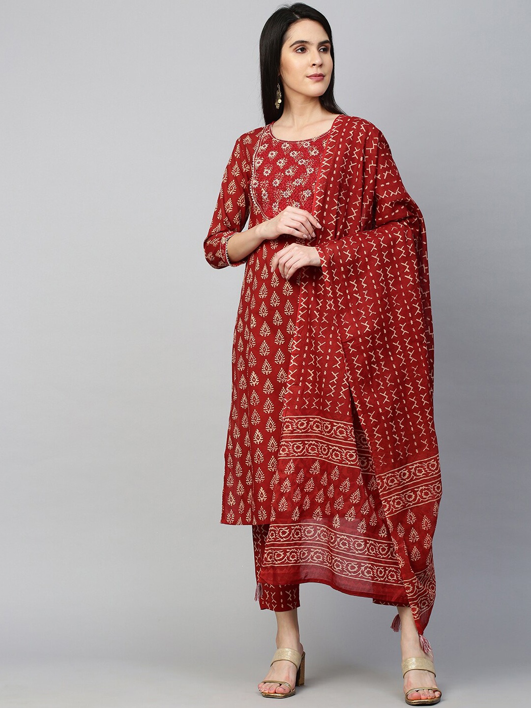 

FASHOR Women Red Ethnic Motifs Printed Angrakha Sequinned Pure Cotton Kurti with Skirt & With Dupatta