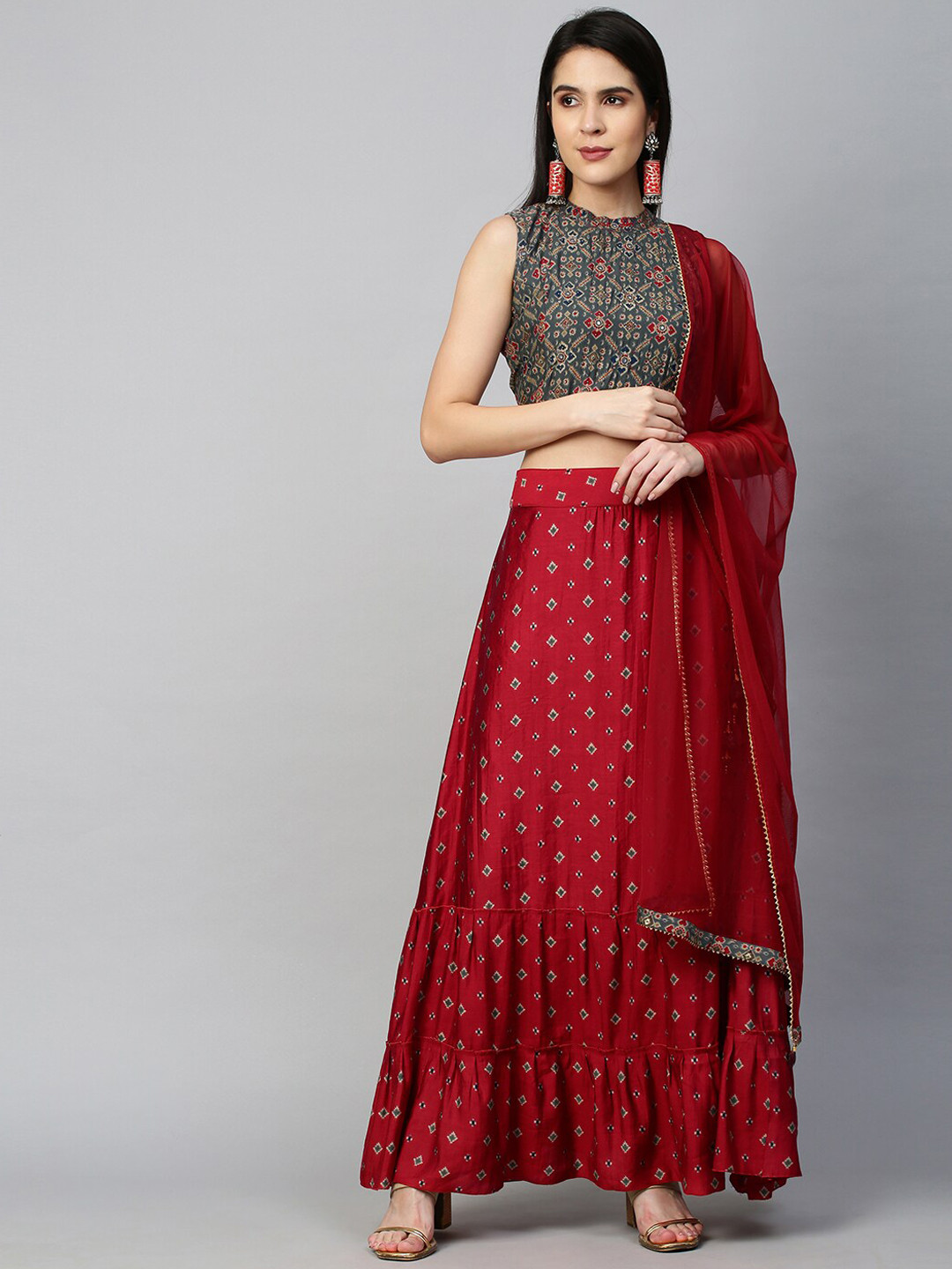 

FASHOR Women Grey Striped Pleated Beads and Stones Kurti with Skirt