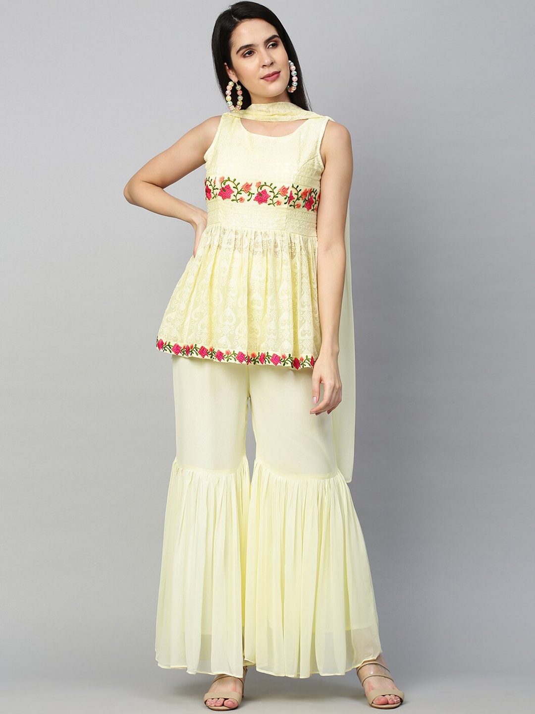 

FASHOR Women Yellow Striped Chikankari Kurti with Sharara & With Dupatta