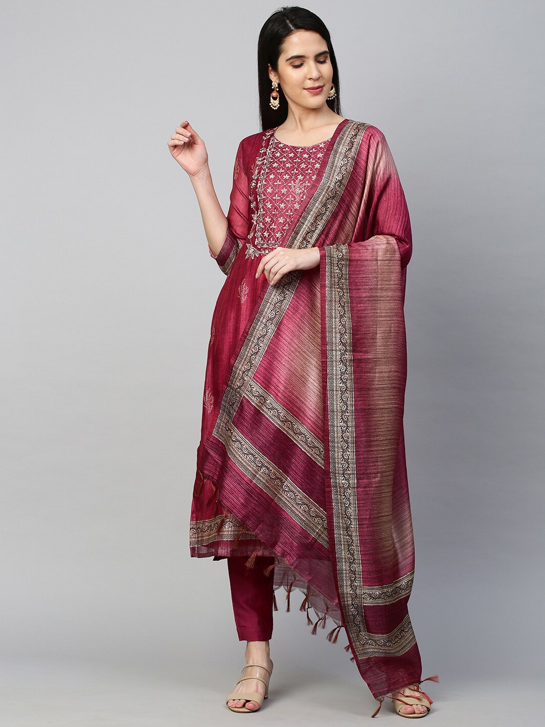 

FASHOR Women Pink Dyed Regular Sequinned Kurta with Trousers & With Dupatta