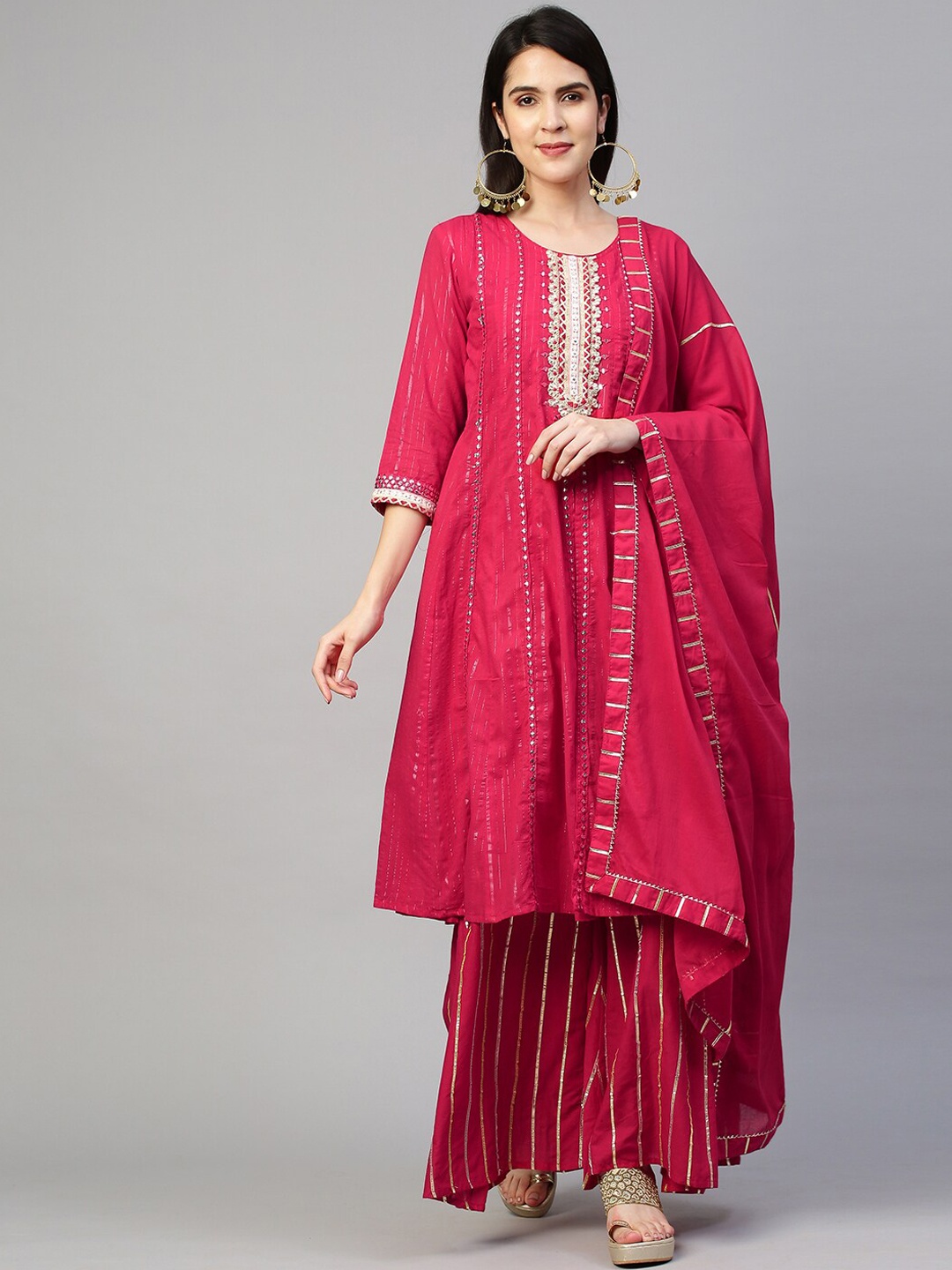 FASHOR Women Pink High Slit Mirror Work Kurti with Palazzos
