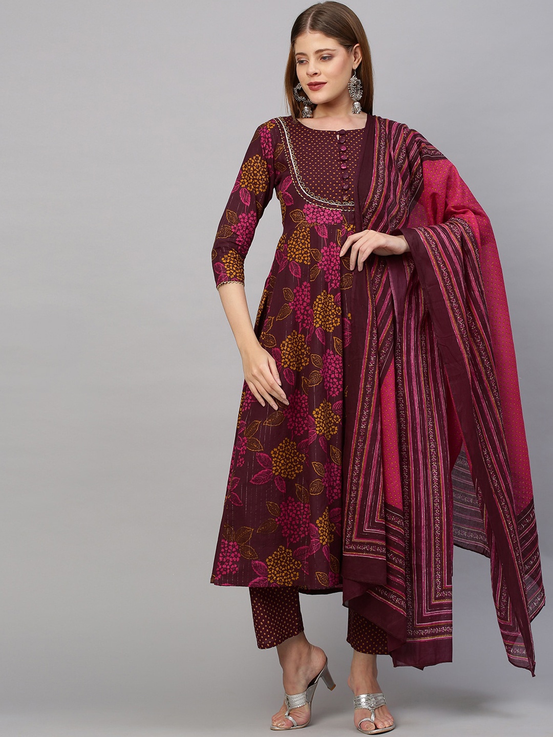

FASHOR Women Maroon Striped Layered Gotta Patti Pure Cotton Kurta with Skirt & With Dupatta