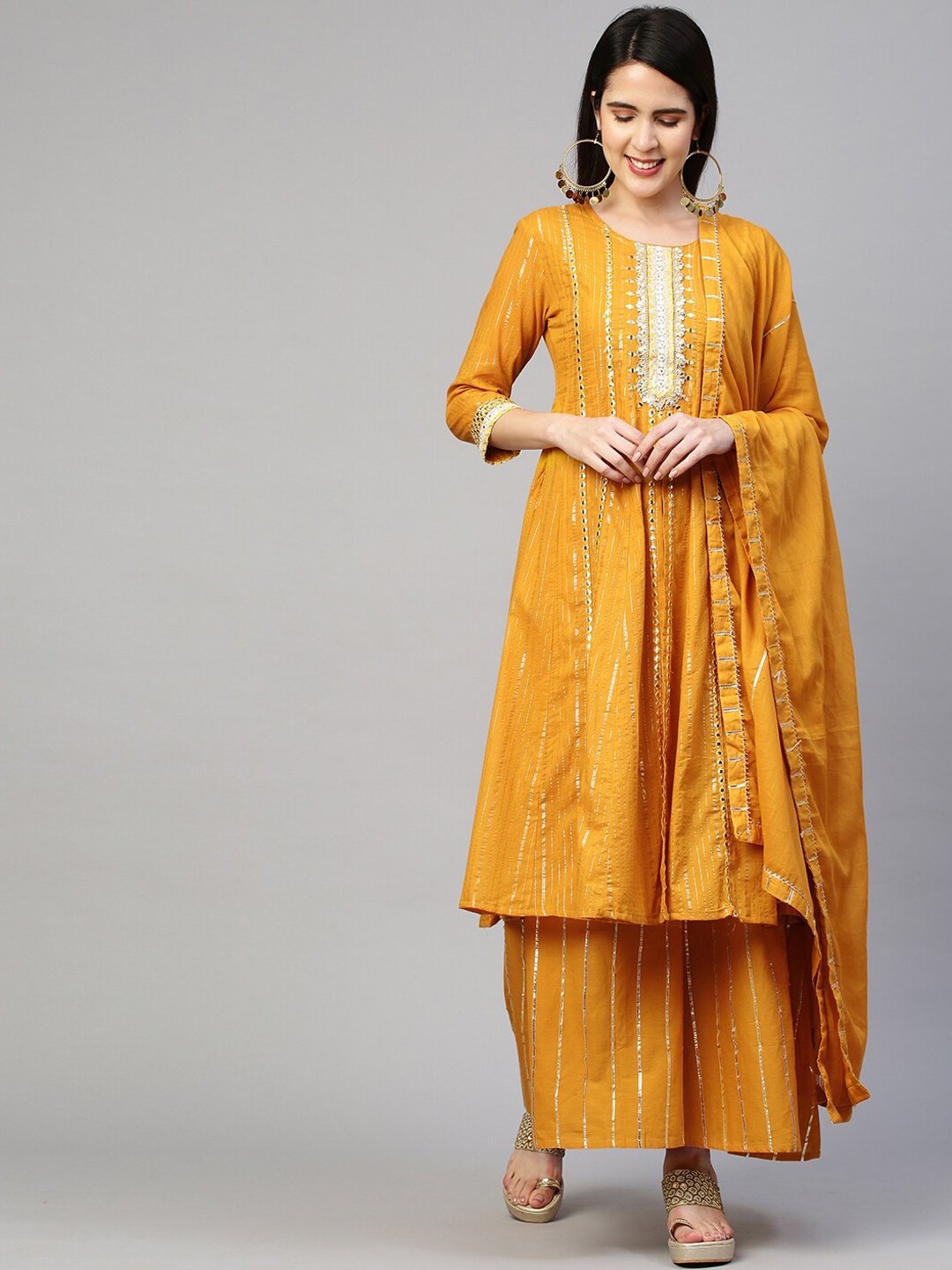 

FASHOR Women Mustard Yellow Mirror Work Kurta with Trousers