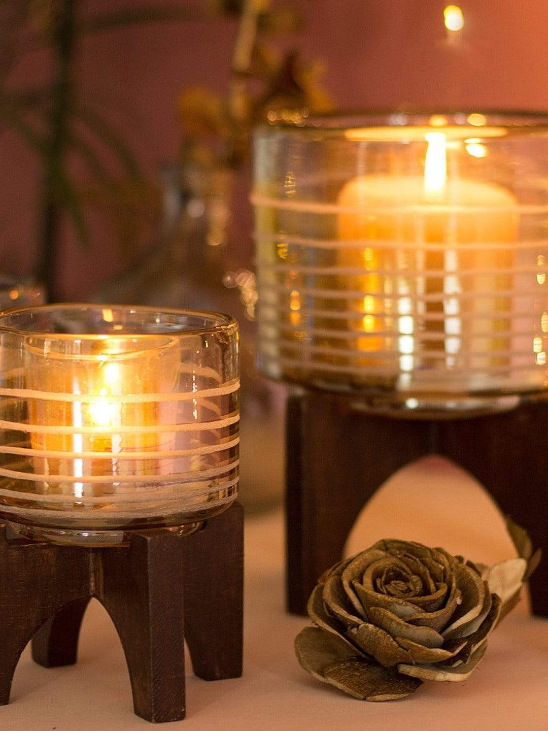 

The Wishing Chair Gold-Coloured Solid Luster Votive With Wooden Stand Candle Holder