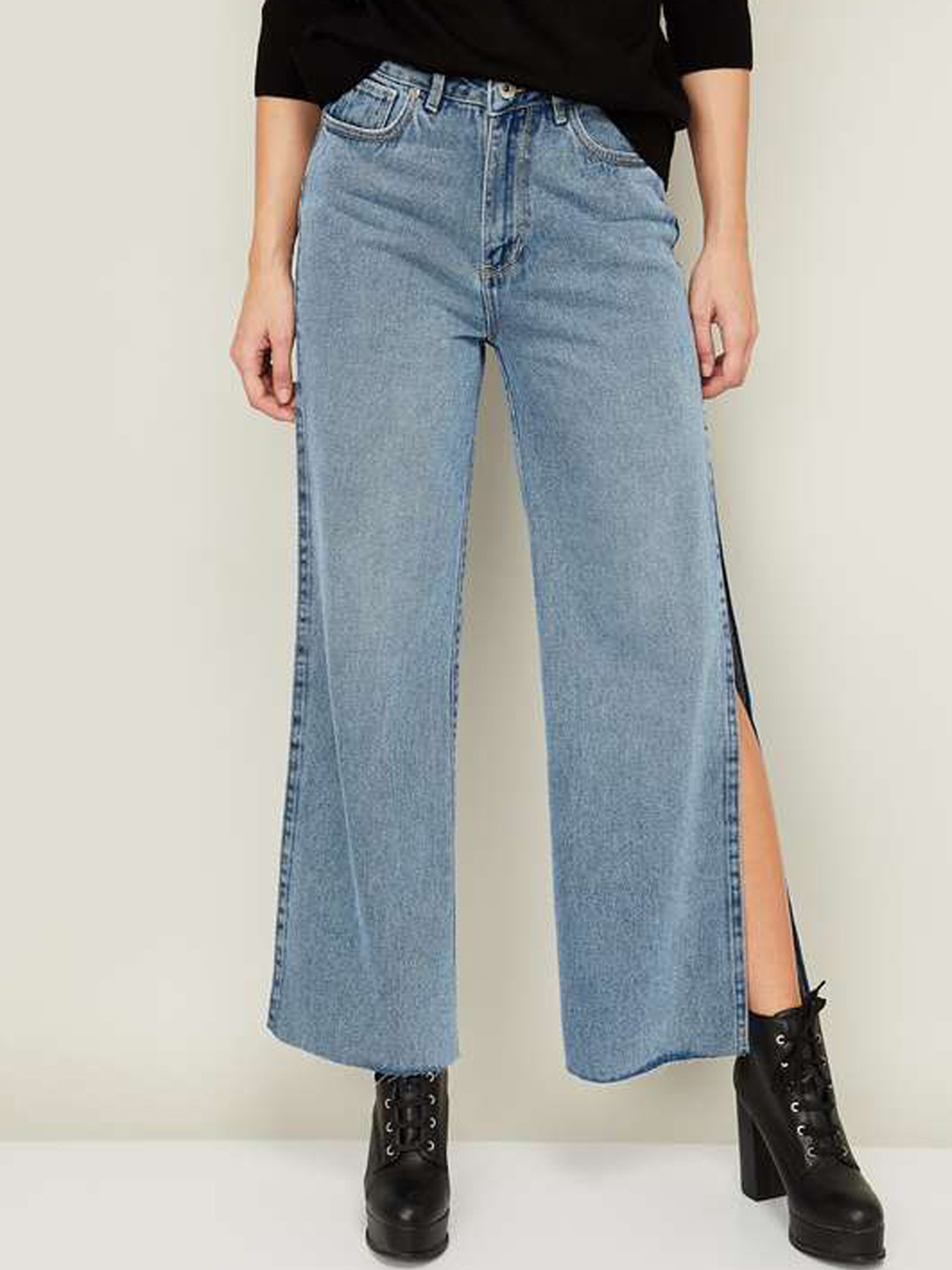 

Xpose Women Blue Comfort Wide Leg High-Rise Side Slit Jeans