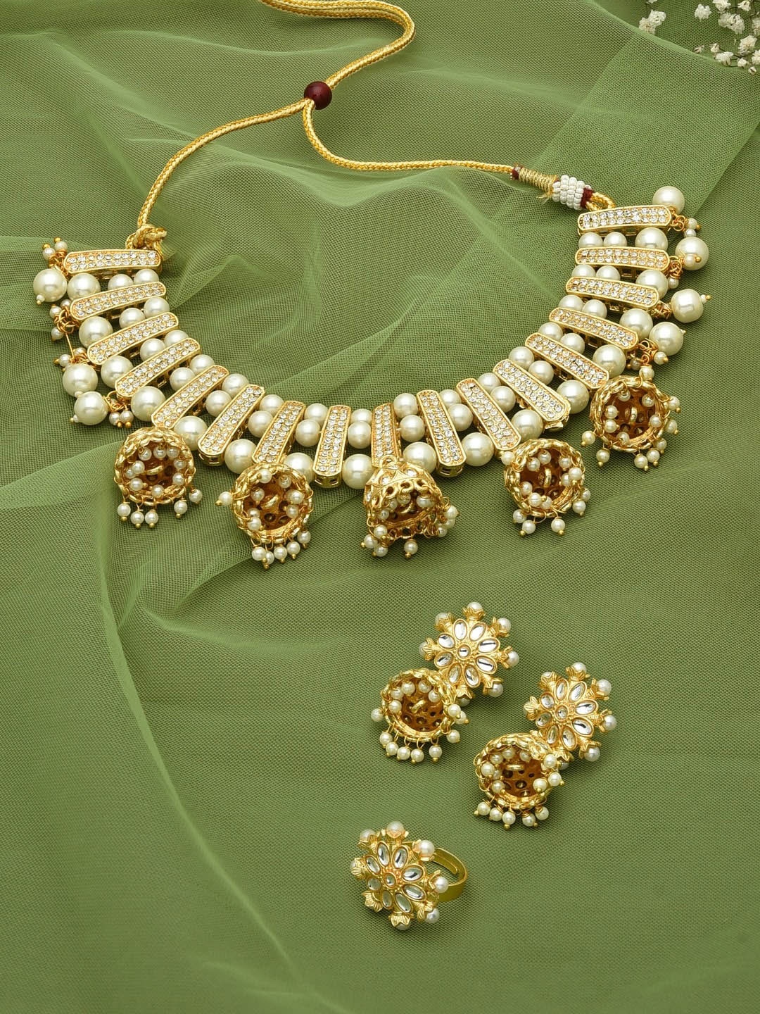 

Zaveri Pearls Gold- Plated White Stone Studded & Beaded Jewellery Set