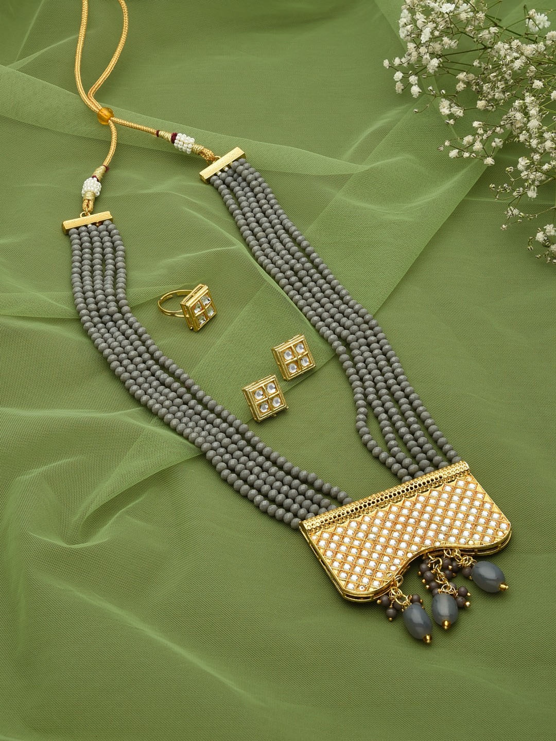 

Zaveri Pearls Women Grey Crystal Beaded Gold- Plated Jewellery Set