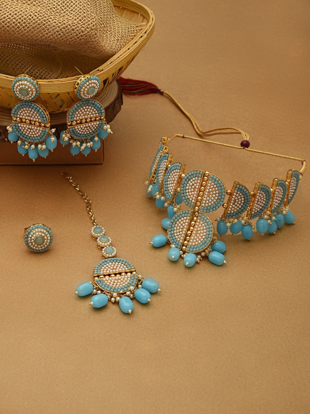 

Zaveri Pearls Gold- Plated Turquoise Blue Beaded Jewellery Set