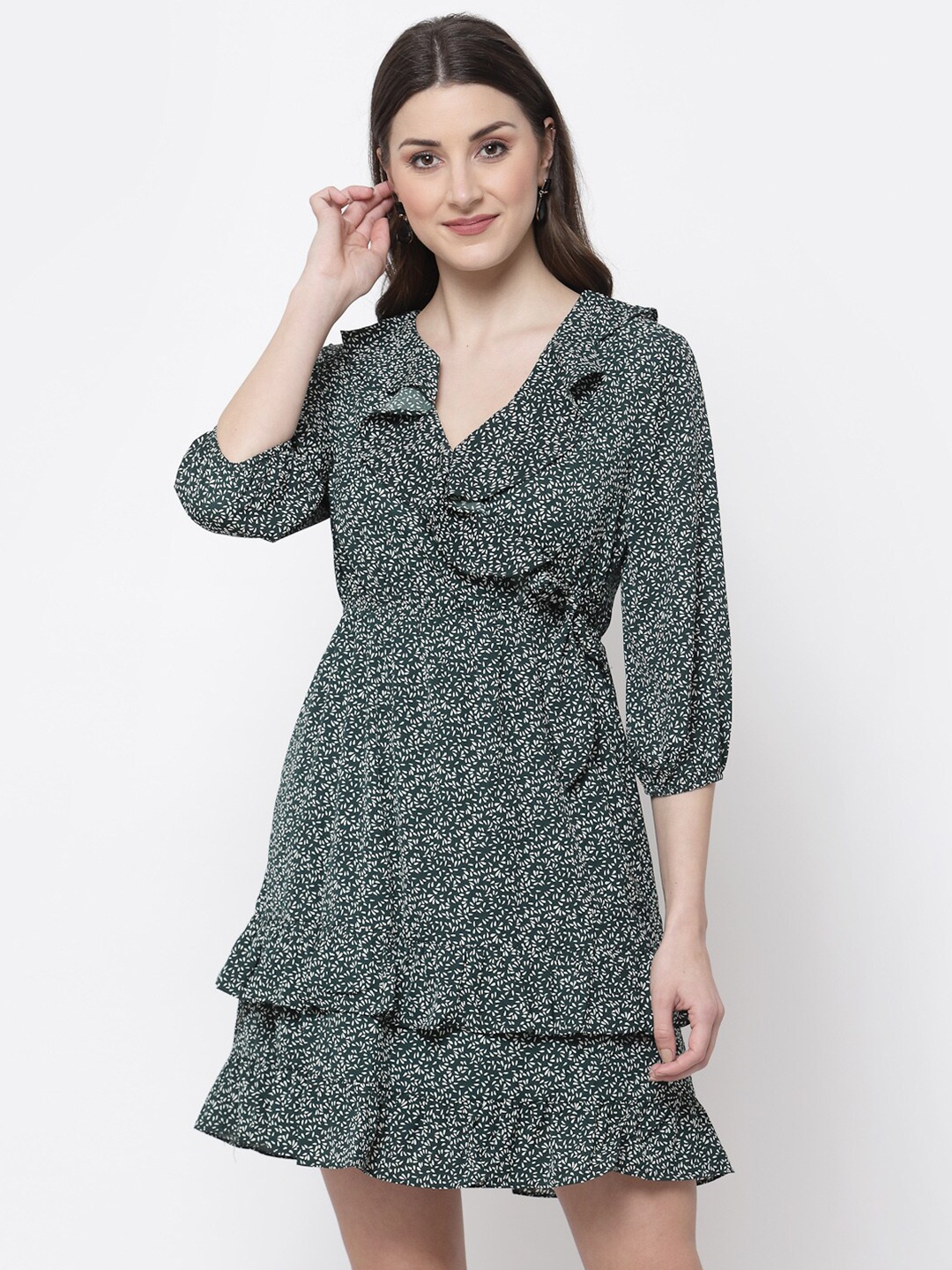 

Mafadeny Women Green Floral Ruffled Wrap Dress