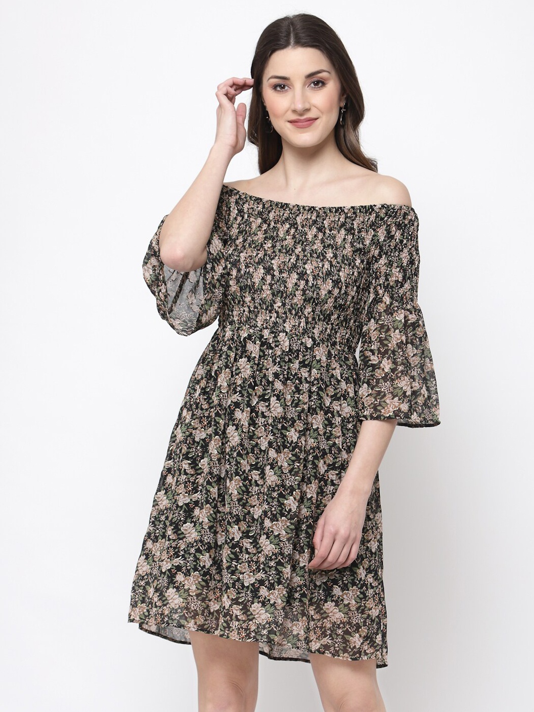 

Mafadeny Women Black Floral Off-Shoulder Georgette Dress