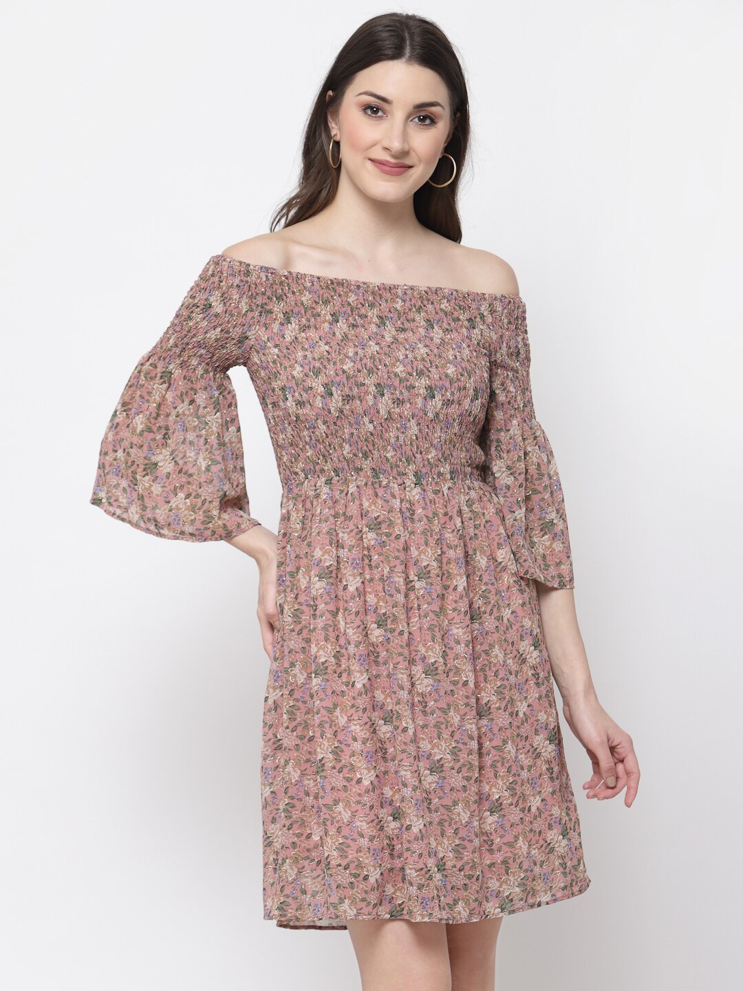 Mafadeny Women Peach-Coloured & Green Floral Off-Shoulder Smocked Georgette Dress