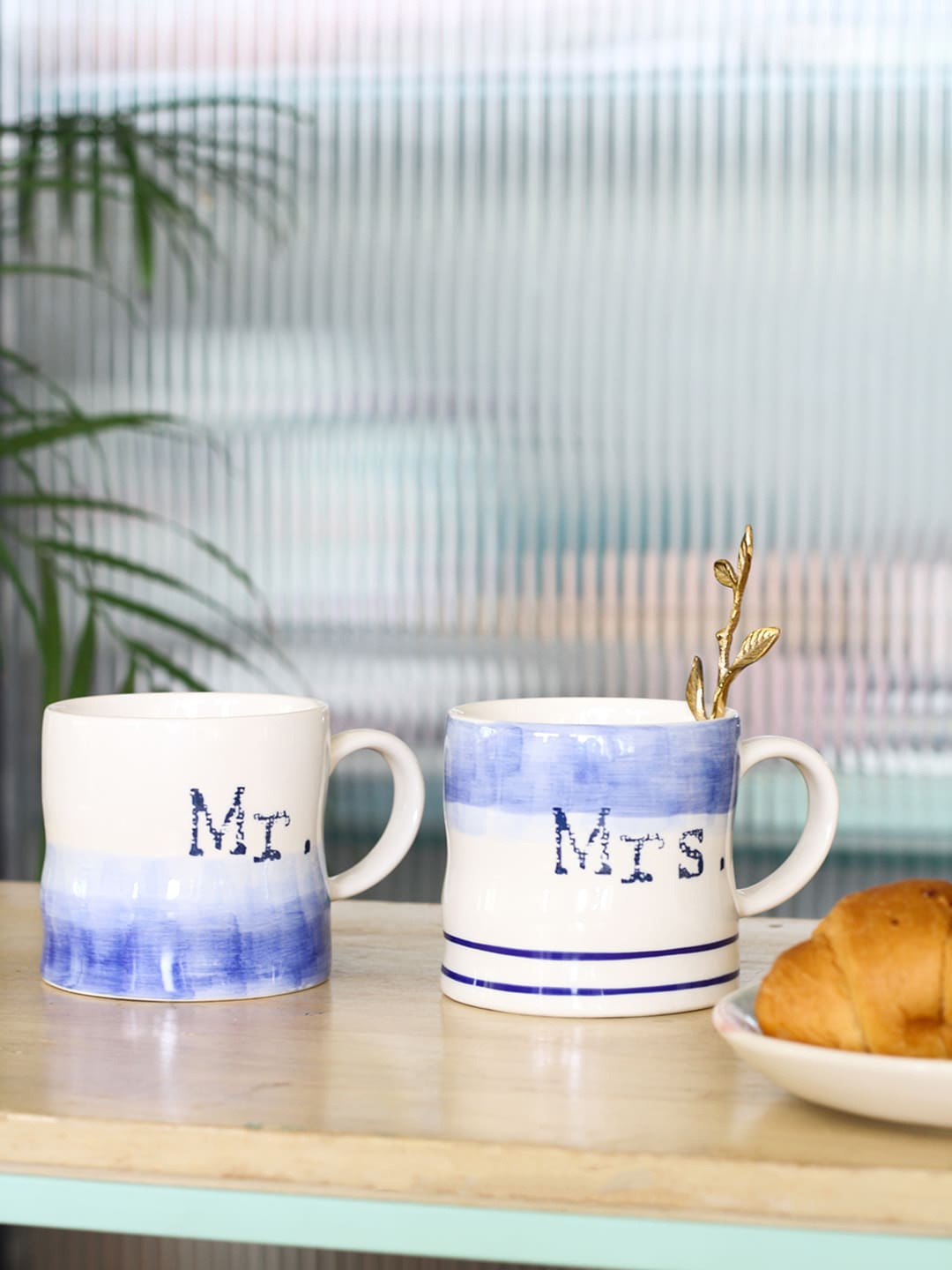 

The Wishing Chair Set of 2 White & Blue Handpainted Stoneware Glossy Mugs