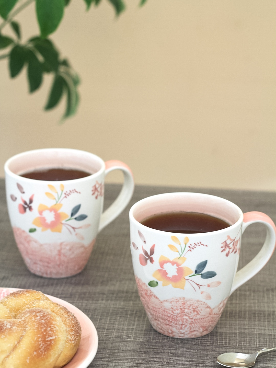 

The Wishing Chair Set of 2 Pink & White Hand Painted Printed Stoneware Glossy Mugs