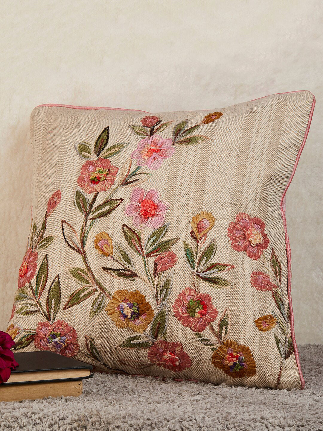 

The Wishing Chair Pink & Green Floral Embroidered Cotton Square Cushion Covers