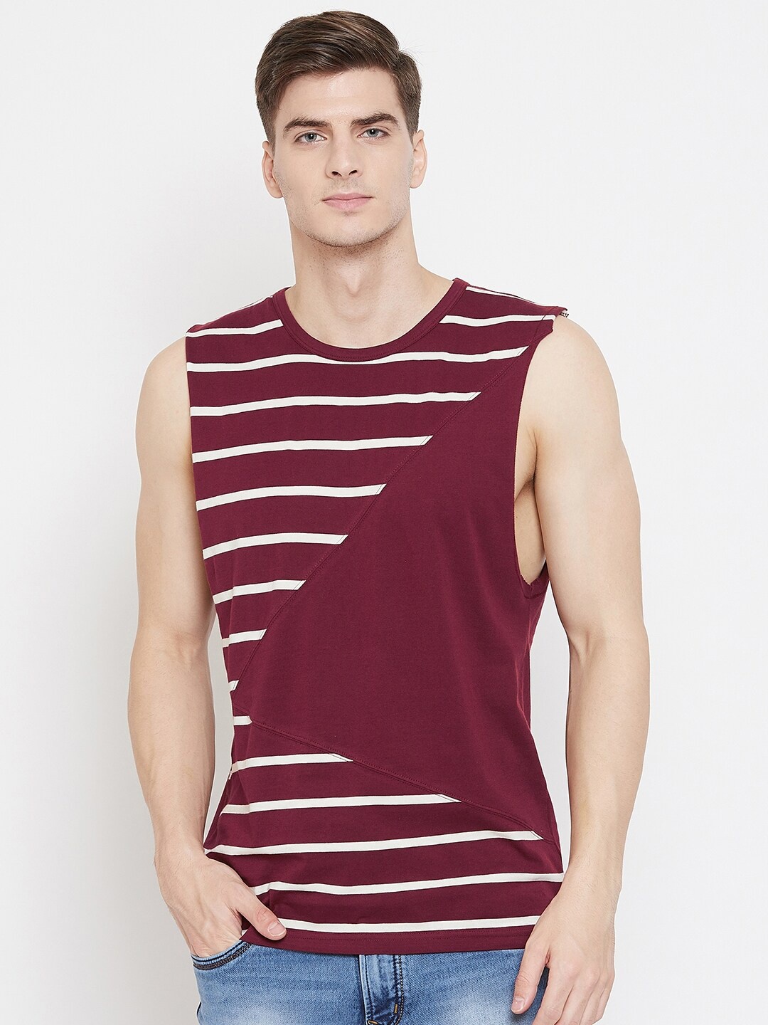 

Hypernation Men Cotton Maroon & White Striped Relaxed Fit T-shirt